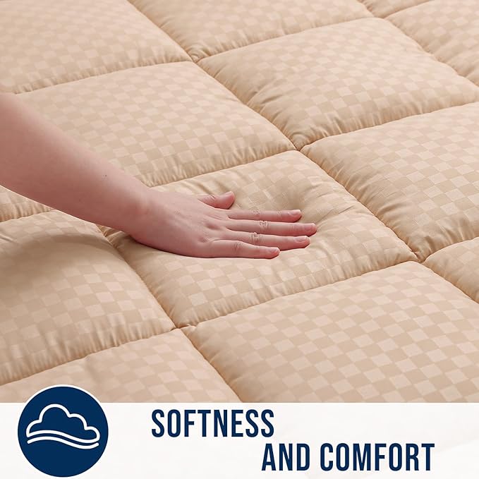 OLANLY Queen Quilted Fitted Mattress Pad – Soft Pillow Top Mattress Topper, Down Alternative Fill, Cooling Comfort Breathable Mattress Cover, Machine Washable Deep Pocket Mattress Protector, Beige