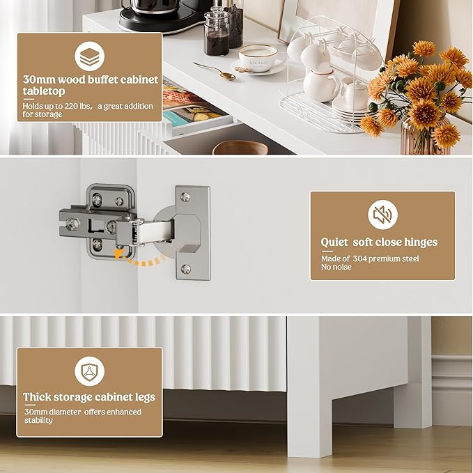 Lulive White Fluted Buffet Cabinet with Storage 55 inch Wood Large Sideboard with Adjustable Shelves for Entryway Kitchen Living Room