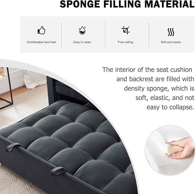 Sleeper Sofa Bed, 3-in-1 Velvet Pull Out Couch with Armrests, Storage Pockets and 2 Pillows, Adjustable Backrest, Pull Out Sofa Bed Couch for Living Room, Bedroom(Black)