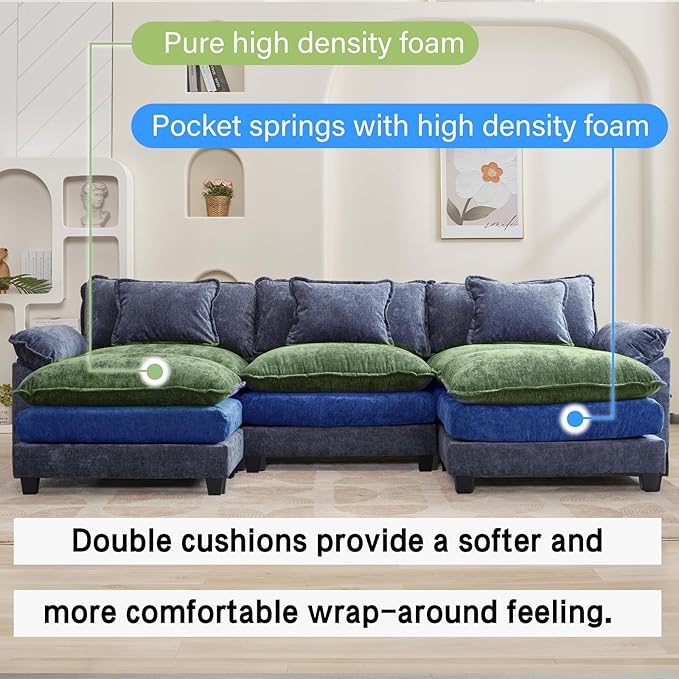 120" Modular Sectional Sofa, Comfy Cloud Couch Sectional Sofa with Ottoman, Chenille Sofa Sleeper Deep Seat Sofa with Throw Pillows for Living Room (Blue, 120"- U Shape)