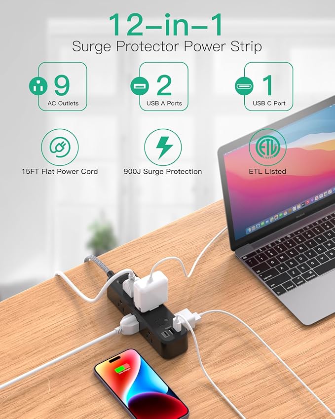 Mifaso Extension Cord, Surge Protector Power Strip, Long Extension Cord with 9 Outlets 3 USB Ports, Extension Cord with Multiple Outlets, USB Power Strip for Dorm Room Essentials, College (15FT,Black)
