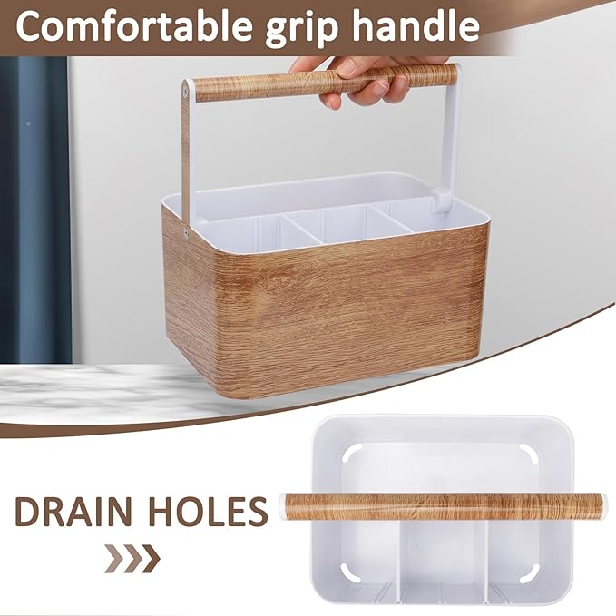 Shower Caddy Portable for College: Devided Bathroom Caddy Shower Basket for Dorm with Handle, Plastic Bathroom Counter Organizer Storage Tote Bin for Dorm,Kitchen,Cabinet, Wood Grain