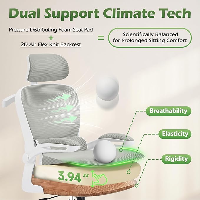 Office Chair Ergonomic Desk Chairs with Adjustable Lumbar Support& Headrest Hanger, High Back Breathable Mesh Chair with Wheels, Rolling Swivel Comfy Task Computer Chair for Home Work Gaming