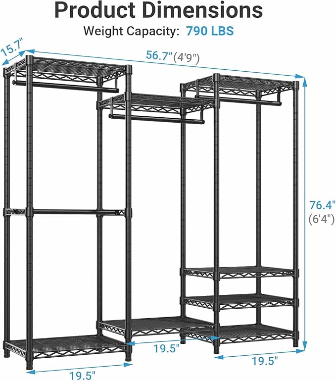VIPEK V5 Medium Portable Closet Wardrobe Heavy Duty Clothes Rack, Freestanding Closet Metal Clothing Rack with 4 Hang Rods & 8 Shelves, Adjustable Custom Closet Rack, 56.7" Lx15.7 Wx76.4 H, Black