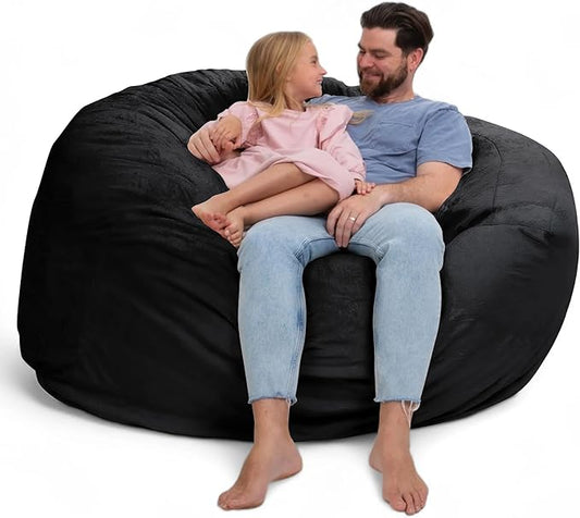 Ultimate Sack 6000 6-Foot Bean Bag Chair, Black Fur Cover – Oversized Foam Lounger, Floor Seat, Small Sofa, or Couch Bed for Living Area, Gaming Room, or Reading Lounge