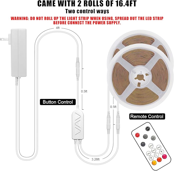 32.8ft 3000K Bright COB LED Strip Light, Dimmable, Warm White, Indoor, RF Remote, Adhesive, for Living Room, Shelf, Cabinet, Kitchen