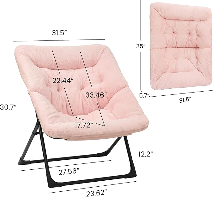 Comfy Saucer Chair for Adults, Soft Faux Fur Bedroom Chair, Accent Dorm Chairs, Flexible Living Room Reading Chairs, Oversized Folding Lounge Seat for Teens, X-Large, Light Pink