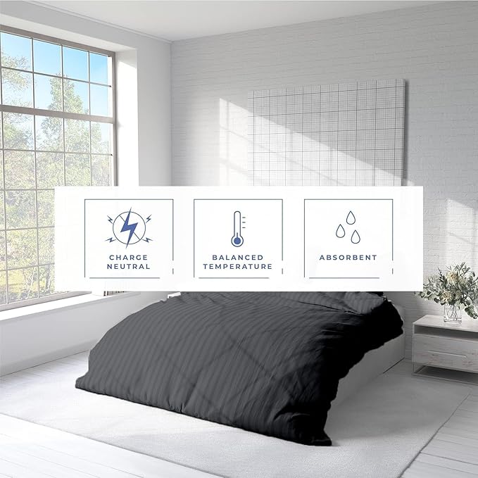 Kotton Culture 3 Pc Twin Size Duvet Cover Set- 100% Egyptian Cotton Sateen 600 TC Ultra Soft Premium Durable Comforter Cover Zipper Closure & Corner Ties (Striped Dark Grey, Twin/Twin XL 68" X 90")