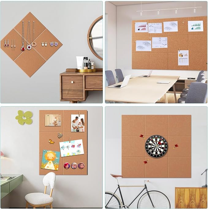 Large Bulletin Board 48" x 36" - 12 Pack Felt Wall Tiles with 60 Pcs Safe Removable Adhesive Tabs & 40 Pcs Pushpins, Cork Board for Office, School & Dart Wall Protector - Warm Beige