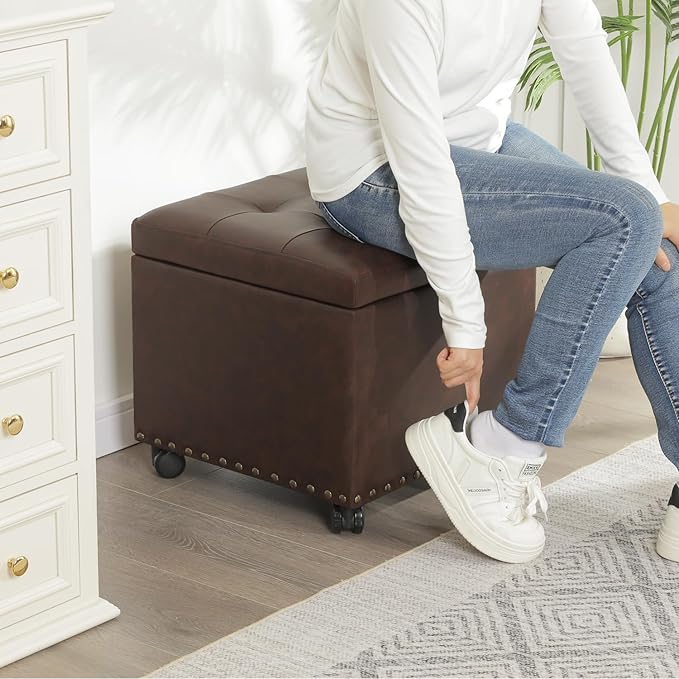 Ottoman with Wheels, 17 Inch Ottoman Footstool with Wheels, Small Square Faux Leather Ottomans Foot Rest Brown Rolling Storage Bench, Hassocks and Ottomans, Footstools for Living Room