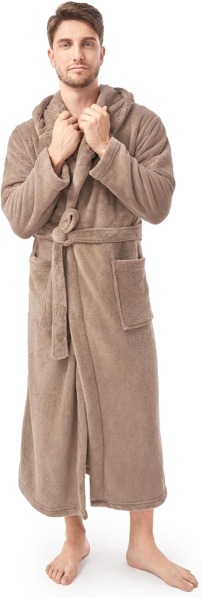 DAVID ARCHY Men's Hooded Robe Soft Coral Fleece Microfiber Bathrobe