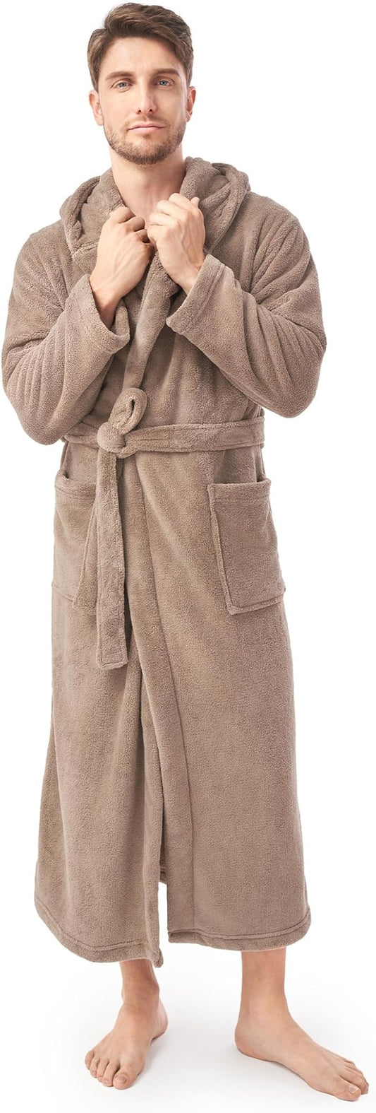 DAVID ARCHY Men's Hooded Robe Soft Coral Fleece Microfiber Bathrobe