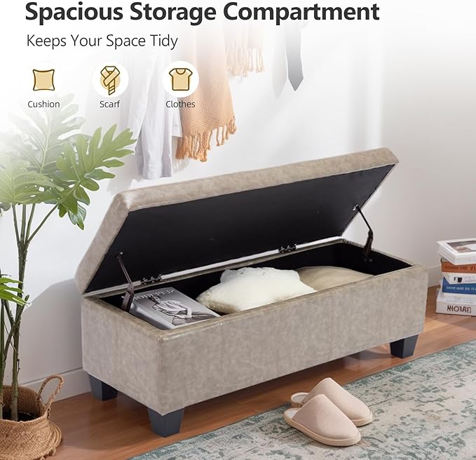 Faux Leather Storage Ottoman Bench with Hinged Lid,42 Inch Large Rectangular Footrest Stool for Bedroom End of Bed, Entryway and Living Room, Padded Seat Shoe Bench, Grey