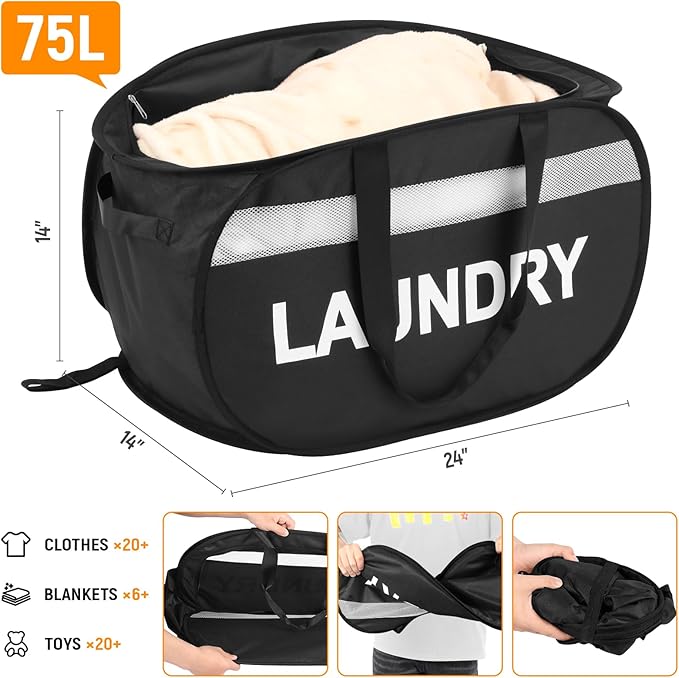 Collapsible Laundry Baskets with Lid, Foldable Clothes Hamper with Reinforced Handles, Sturdy Pop Up Hampers for Laundry, Tear Proof & Easy to Carry Laundry Hamper for Home, Dorm, Travel Black