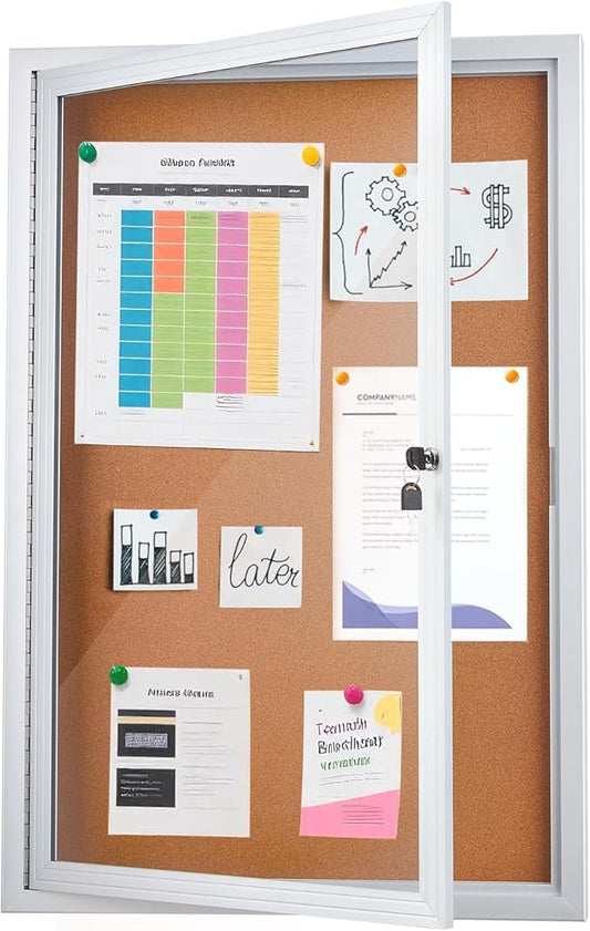 Enclosed Cork Bulletin Board 36"x24" Outdoor Weatherproof Cork Noticeboard with Locking Door Wall-Mounted Silver Aluminium Frame for Home, School, Office, Community, Hospital