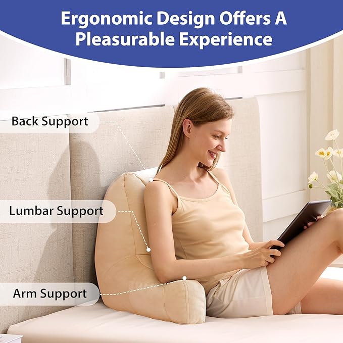 Reading Pillows for Sitting in Bed Adult, Back Pillow for Bed Sitting Up, Backrest Pillows with Shredded Foam for Adult&Teens, Support Pillow with Arms for Beds, Couch, Floor, 20in, Beige