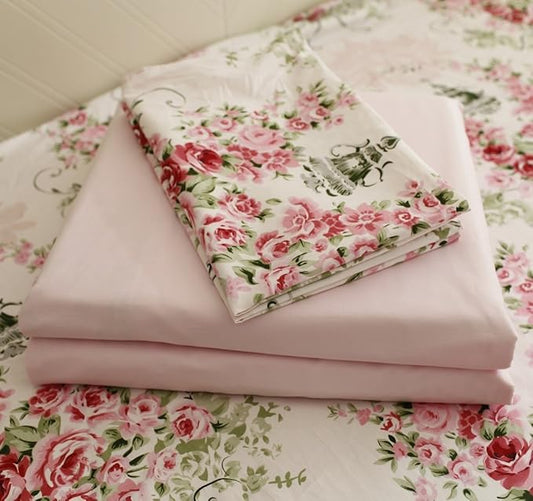 FADFAY Shabby Floral Bedding Set Full Size Sheet Set 4 Piece Premium 100% Cotton Pink Rose Pattern :1 Deep Pocket Fitted Sheet, 1Flat Sheet, 2 Pillowcases (Standard Size)