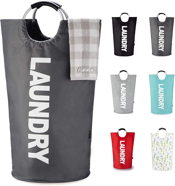 Caroeas 100L Laundry Basket,Large Laundry Hamper, Laundry Bag with Padded Handles, Clothes Hamper Stands Up Well, Collapsible Free Standing Easy Storage Washing Bin (Dark Grey,100L)