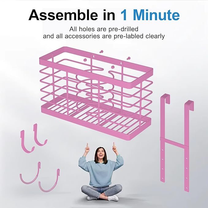 Hair Tool Organizer, 3-in-1 Universal Hair Dryer Holder, Adjustable Height Metal Blow Dryer Holder Wall Mounted/Over Cabinet Door/Free-Standing (Pink)