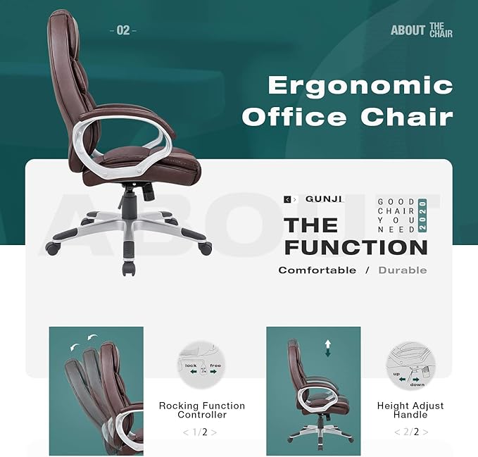 GUNJI Office Chair PU Leather High Back Executive Chair Ergonomic Computer Chair, Modern Adjustable Home Desk Chair Swivel Managerial Chair with Padded Armrests and Lumbar Support (Brown)