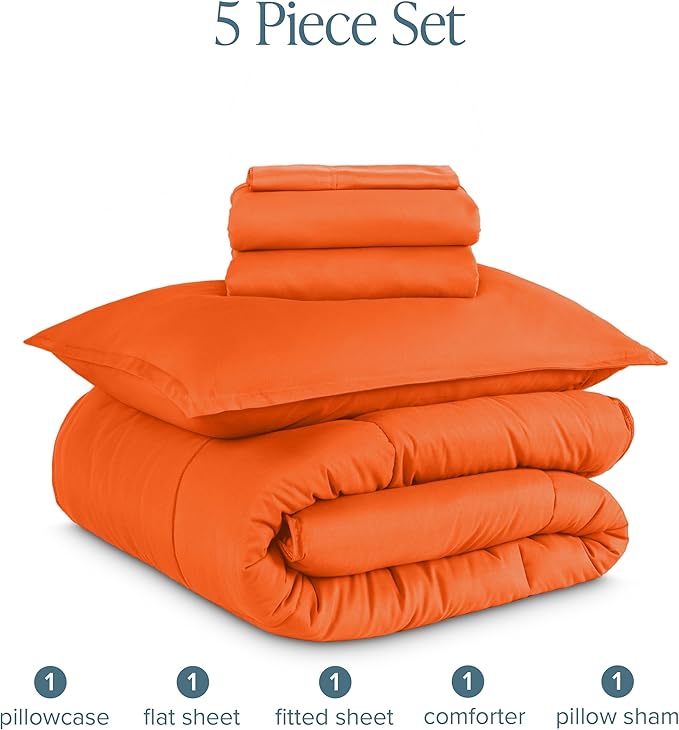 Bare Home Bed-in-A-Bag 5 Piece Comforter & Sheet Set - Twin XL - Goose Down Alternative - Ultra-Soft 1800 Premium Bed Set (Twin XL, Orange/Orange)