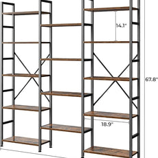 SUPERJARE Triple 5 Tier Bookshelf, Bookcase with 14 Open Display Shelves, Wide Book Shelf Book Case for Home & Office, Rustic Brown