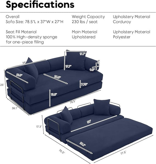 Convertible Sleeper Sofa Bed with Cylindrical Pillow, Corduroy Folding Boneless Couch with Fixed-Shape Frame, Floor Sofa Lounge Couch for Living Room Bedroom Lounge Studio-Blue
