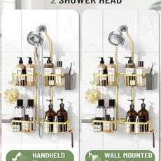 Adjustable Shower Caddy Hanging for Handheld Showerheads - Never Rust Shower Hanging Organizer, Upgraded Bathroom Shower Rack with Soap Basket, Hooks and Toothbrush Holder (Gold)