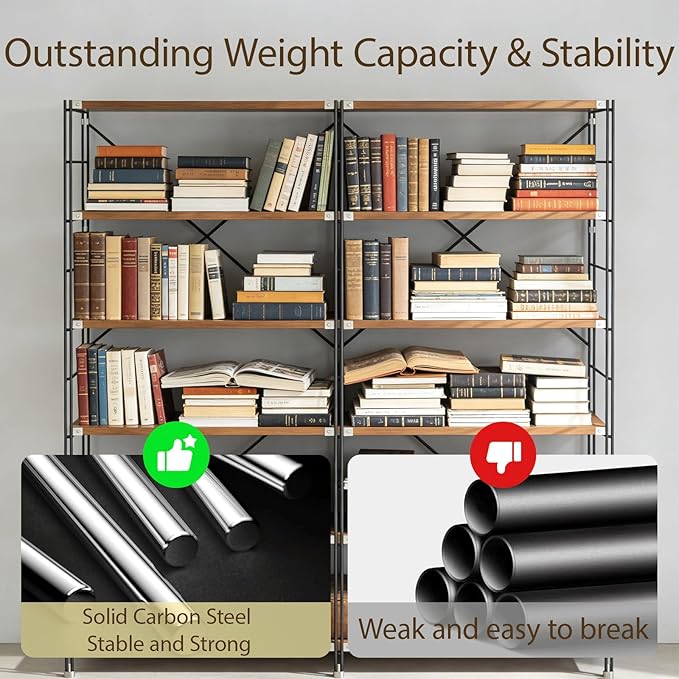 5 Tier Bookshelf, Book Shelf 67/59Inch, Tall Bookcase, Industrial Bookshelves, w/Metal X-shaped support, Adjustable Shelves, Metal Fram, for Living Room,kitchen (walnut, H 66.93×W31.5×L 15.75 IN)