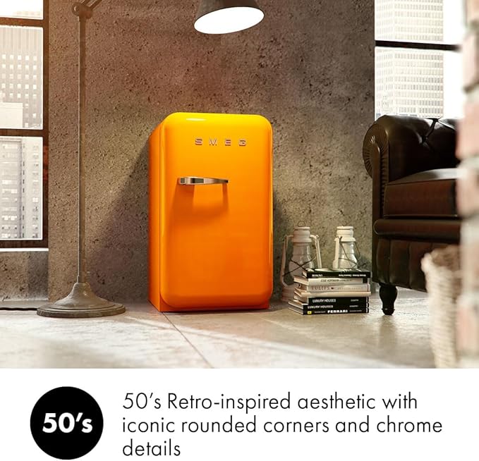 SMEG FAB5 Retro Mini Fridge – 50s Style Compact Small Refrigerator, 1.2 cu ft, Automatic Defrost, LED Lighting, Adjustable Shelves– Made in Italy – Perfect for Home, Dorm, Office, Hotel -Orange