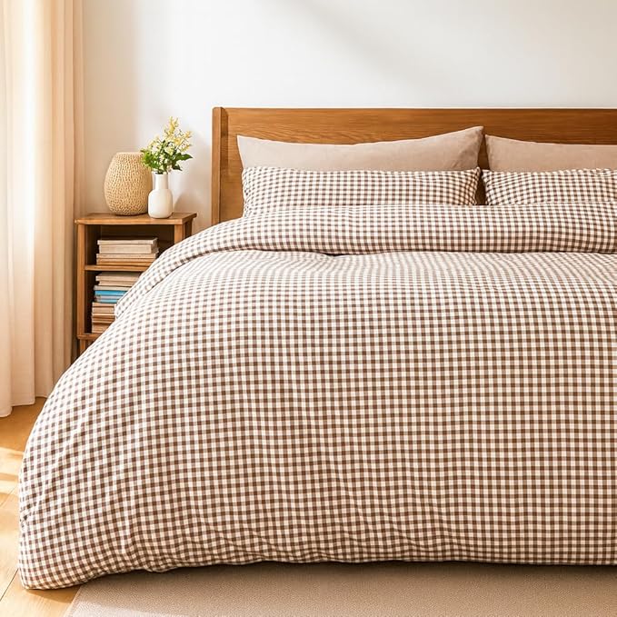 Brown Gingham Duvet Cover Set Twin XL Khaki Beige Plaid Checkered Comforter Cover Dorm Grid Bedding Set Soft Breathable Microfiber Lightweight Cozy College Essentials Kids Teens Bedroom Gifts