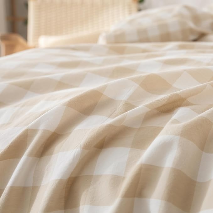 BESTOUCH Duvet Cover Set 100% Washed Cotton Linen Feel Super Soft Comfortable Chic Lightweight 3 PCs Home Bedding Set Almond Grey & White Grid King