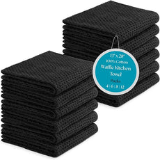 100% Cotton Waffle Weave Kitchen Dish Towels – Solid, Ultra Soft, Scratch-Free & Superb Absorbent - Quick Drying Cleaning Towels,Perfect disch Cloth 13 x 28-12 Pack, Black