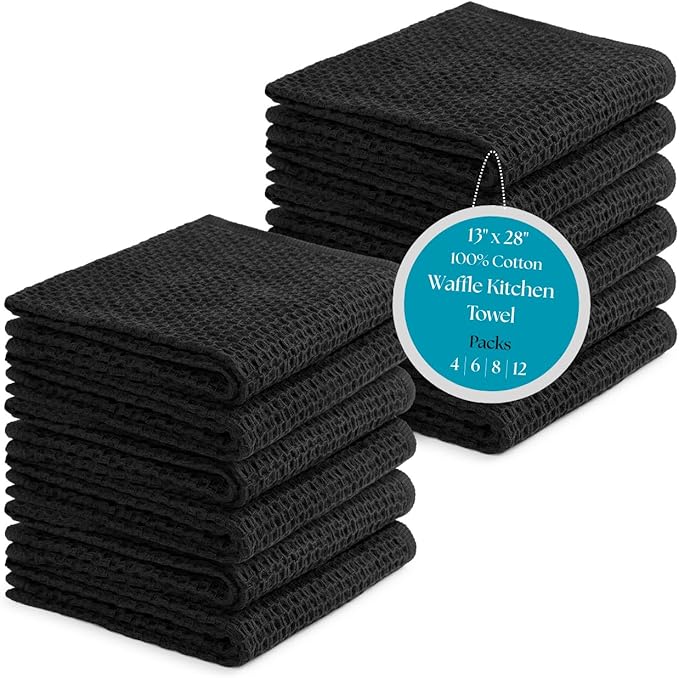 100% Cotton Waffle Weave Kitchen Dish Towels – Solid, Ultra Soft, Scratch-Free & Superb Absorbent - Quick Drying Cleaning Towels,Perfect disch Cloth 13 x 28-12 Pack, Black