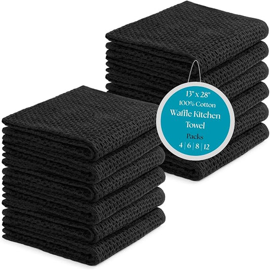 100% Cotton Waffle Weave Kitchen Dish Towels – Solid, Ultra Soft, Scratch-Free & Superb Absorbent - Quick Drying Cleaning Towels,Perfect disch Cloth 13 x 28-12 Pack, Black