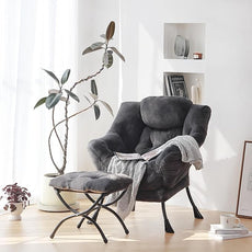 Plush Lazy Chair and Ottoman, Large Contemporary Accent Lounge Chair with Armrests and a Side Pocket, Modern Leisure Upholstered Sofa Reading Armchair with Footrest for Bedroom, Living Room