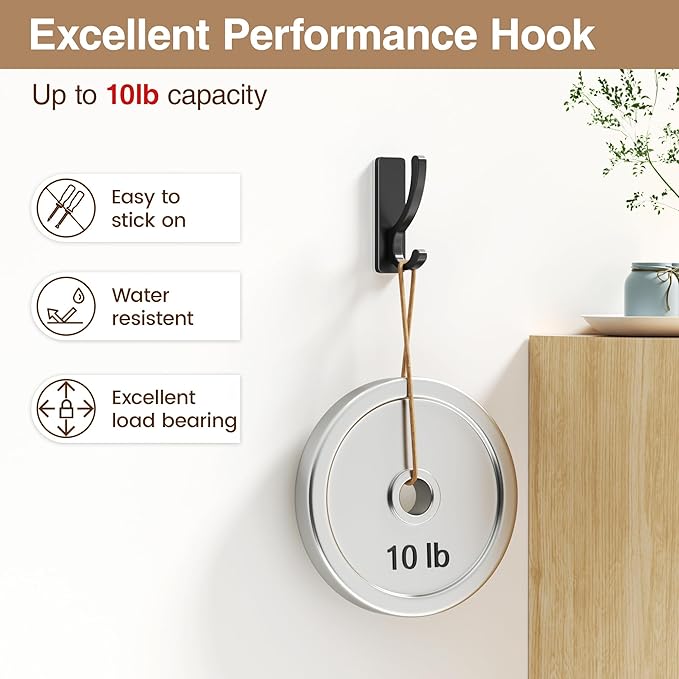 pickpiff Adhesive Wall Hooks for Towels - Sticky Hook Hanging Heavy Duty (13lb), Hanger for Door, Bathroom, Dorm, Closet - for Coats, Purse, Bag, Robe - No Damage to Wall - Black 4 Pack