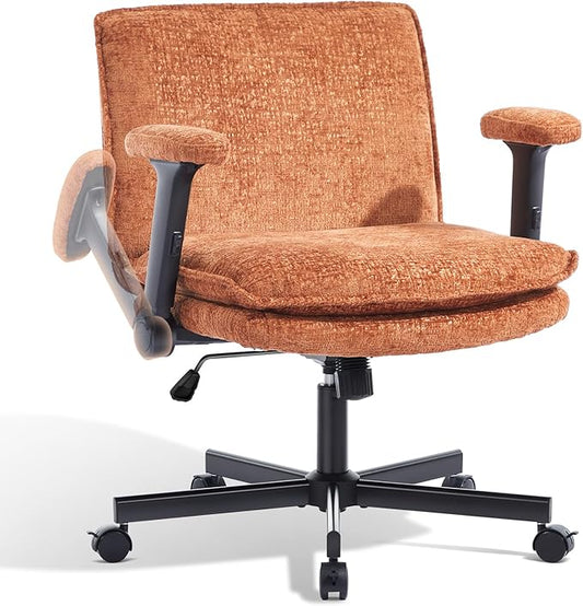 Criss Cross Chair with Flip-Up Arms and Lockable Wheels, Plush Fabric Cross Legged Office Desk Chair,Wider 125°Tilting Adjustable Swivel Computer Chair for Home, Apartment, Bedroom,Brown