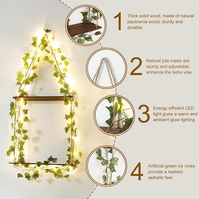 Artilady Artificial Ivy Macrame Hanging Shelves 3 Tier with Lights Boho Wall Decor, Rustic Wood Flaoting Shelf Plant Storage Rack for Bedroom Bathroom Living Room Nursery