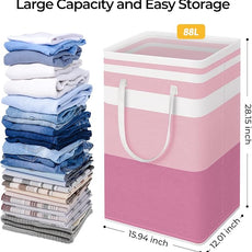 HomeHacks 2 Pack Large Laundry Baskets, Waterproof, Freestanding Laundry Hampers, Collapsible Clothes Hamper with Reinforced Handles in Laundry, College Dorm, Bathroom, Bedroom (Grey+Pink, 88Lx2)