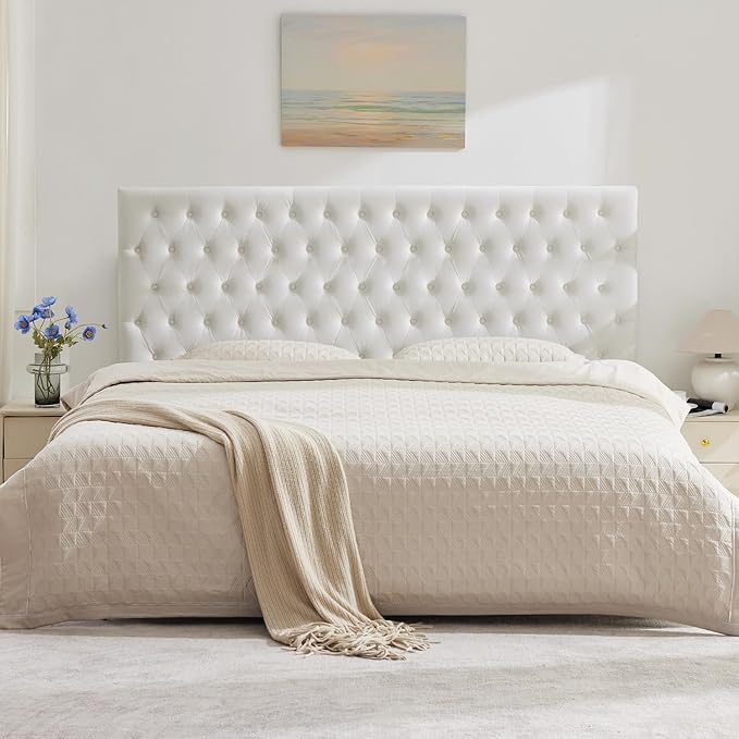 Kingfun Upholstered Queen Headboard Only, Premium Velvet Button Tufted Headboards, Adjustable Solid Wood Head Board, Padded Headboard with Solid Wood Legs in Bedroom (White)