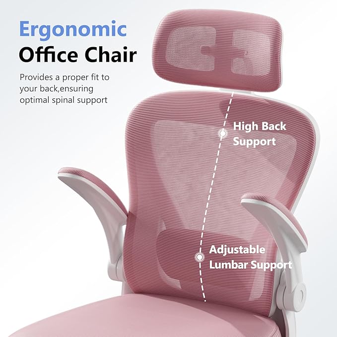 Ergonomic Office Chair M903, Computer Desk Chair with Wheels, High Back Mesh Office Chair with Adjustable Lumbar Support, Headrest, Flip-Up Armrests, Pink
