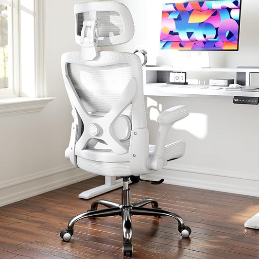 Office Home Ergonomic Desk Chair-Computer X-Shaped Chair Mesh PU Leather with Adjustable Lumbar Support-Executive Chair High Back with Headrest Flip-Up Arms for Long Hours (White)