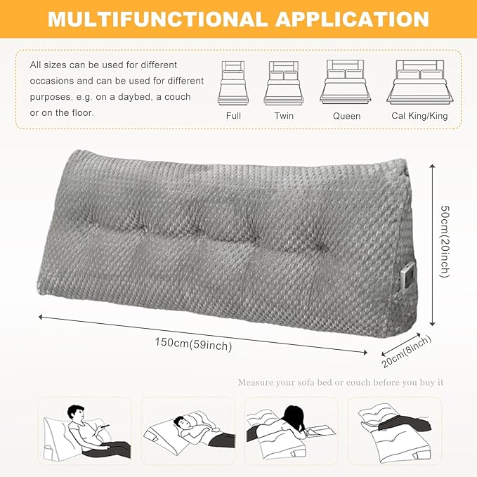 Large Triangular Headboard Wedge Pillow Soft and Supportive Headboard Backrest Positioning Support Bolster Cushion, Bed Wedge Pillow with Removable Cover(Light Gray,Queen,59x8x20inch)