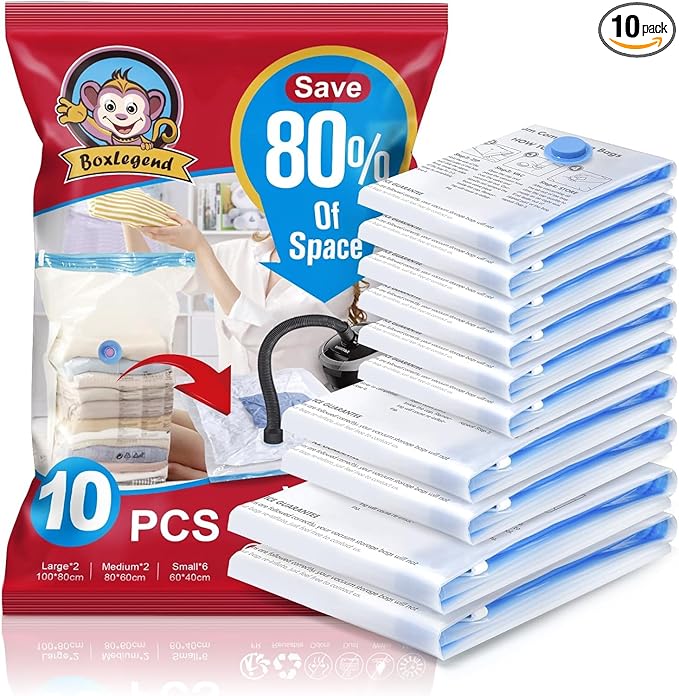 BoxLegend Vacuum Storage Bags 10 Combo Vacuum Pack Bags Space Saving Double Zipper Seal & Leak Valve Reusable for Clothes Pillow Comforters Bedding,2XL, 2L, 6S, 1 Large Pump