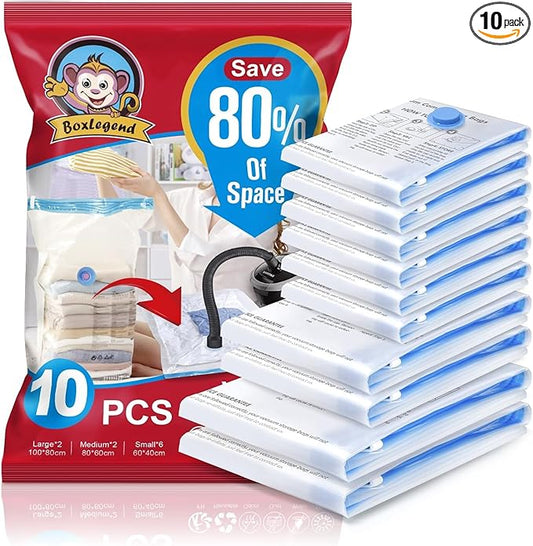 BoxLegend Vacuum Storage Bags 10 Combo Vacuum Pack Bags Space Saving Double Zipper Seal & Leak Valve Reusable for Clothes Pillow Comforters Bedding,2XL, 2L, 6S, 1 Large Pump