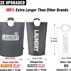 Caroeas Super Large 150L Laundry Basket Pro, Waterproof Laundry Hamper, Collapsible Laundry Basket Easy Storage, Clothes Hamper Stands Up Well, Laundry Bag with Padded Handles (Dark Grey)