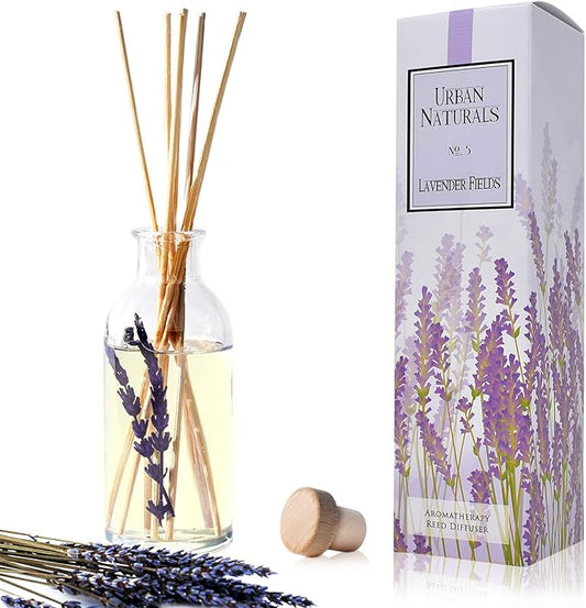 Urban Naturals Lavender Fields Oil Essential Oil Reed Diffuser Set with Real Lavender Stems! French Blossoms, Geranium & Clary Sage | #1 Gift Idea for Aromatherapy & Stress Relief | Vegan | USA Made