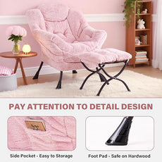 Tiita Lazy Chair with Ottoman, Modern Large Accent Lounge Armchair, Comfy Leisure Sofa Reading Chair with Footrest for Bedroom, Living Room, Dorm Rooms, Garden and Courtyard, Plush Pink