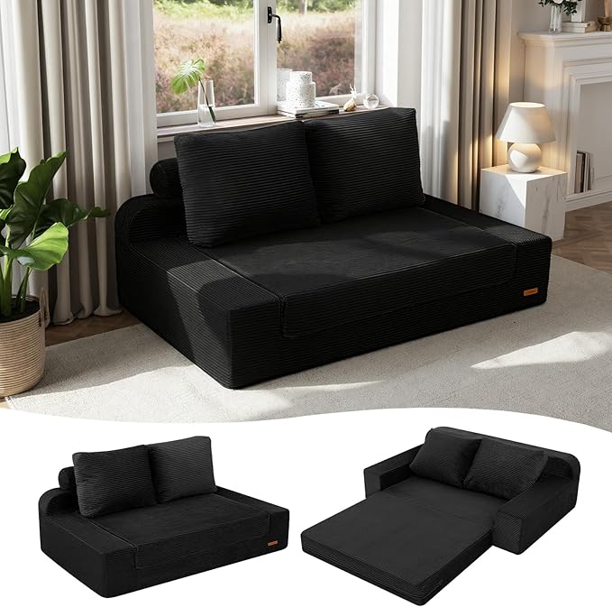 COMAX Convertible Sofa Bed Queen, Folding Floor Couch Corduroy Fold Out Couch Bed Sleeper Mattress with Back Pillows, Boneless Pull Out Loveseat Comfy Futon Lounge for Living Room Bedroom, Black